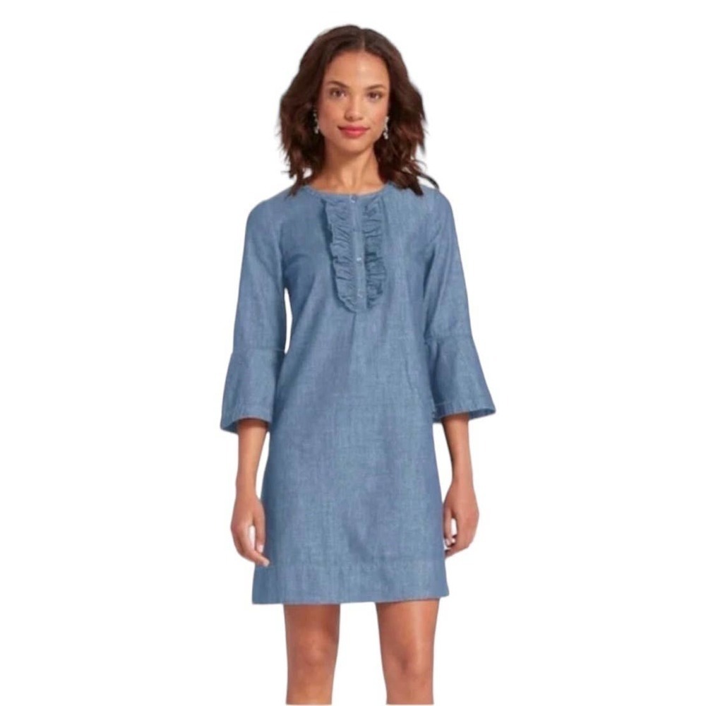 Draper James Chambray Ruffle Shirt Dress Medium Wash Denim Large‎
